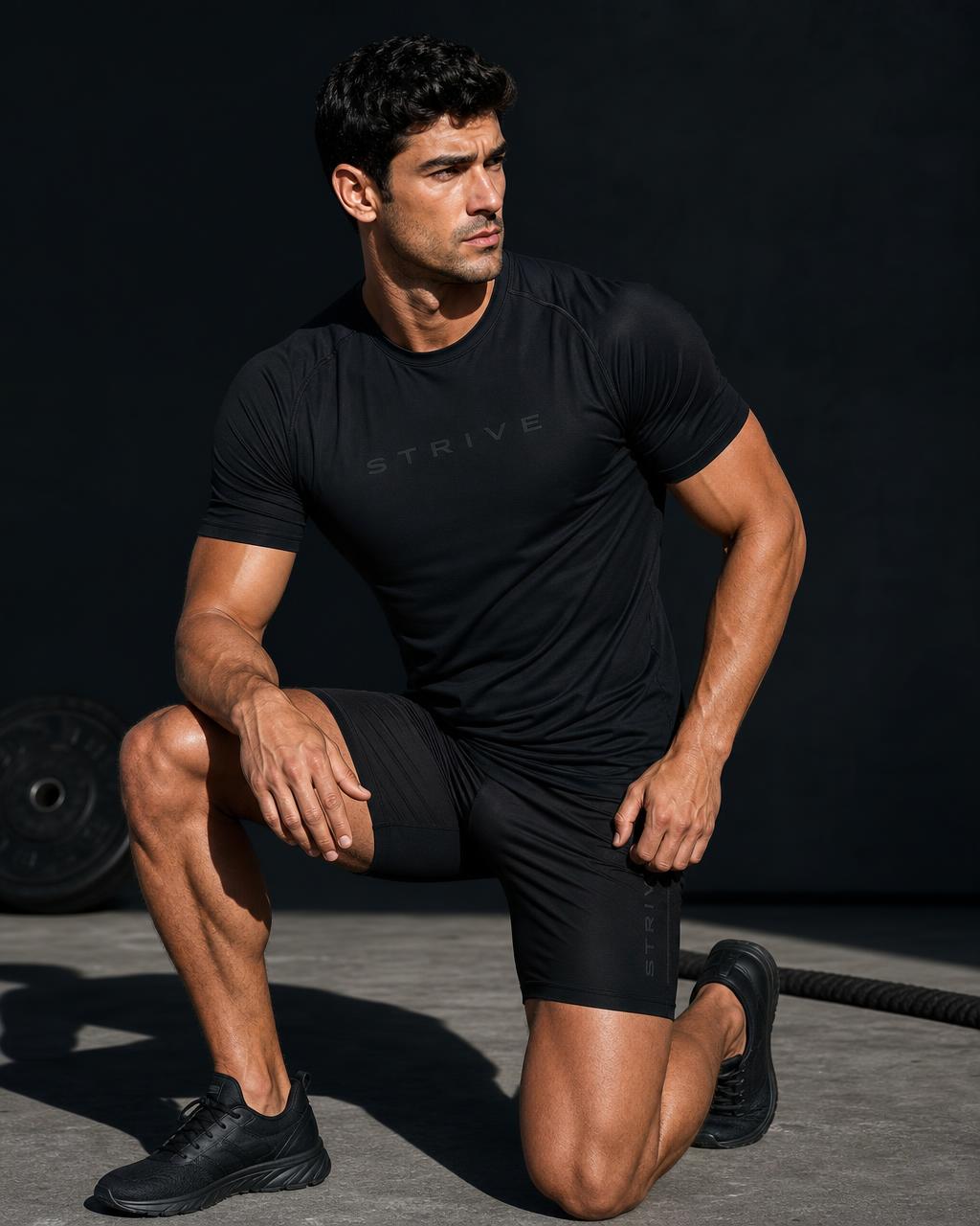 Athlete wearing Strive performance apparel in a high-contrast studio shot
